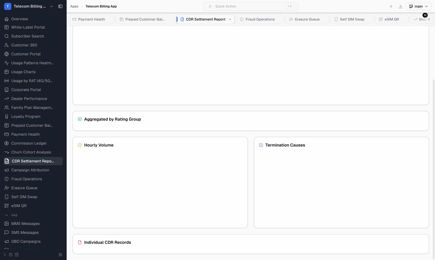 Captured CDR Settlement Report screen from the live Telecom Billing App